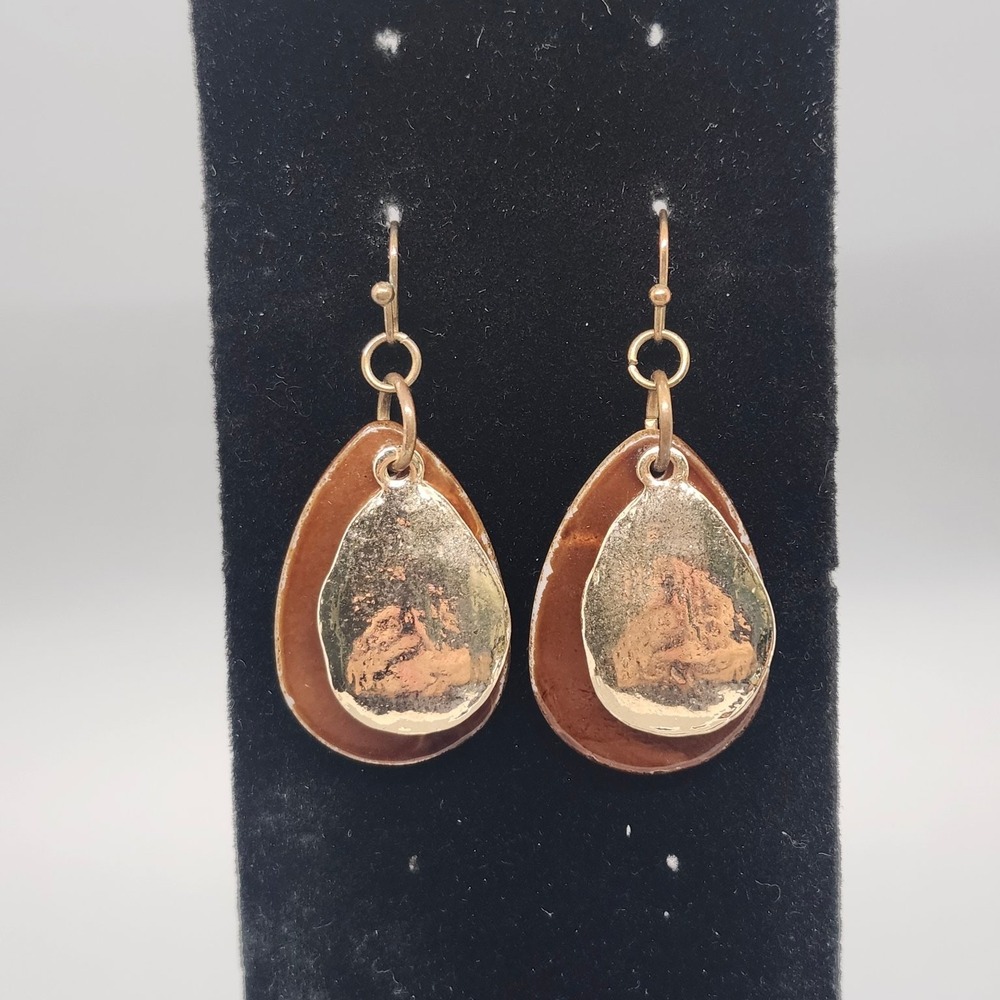 Layered Dangle Drop Earrings 1.75" Brown Gold Tone Textured Metal Organic